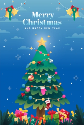 挂满彩色装饰物的卡通圣诞树素材