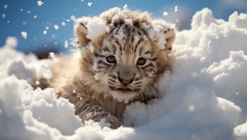 藏在雪地中的小老虎幼崽
