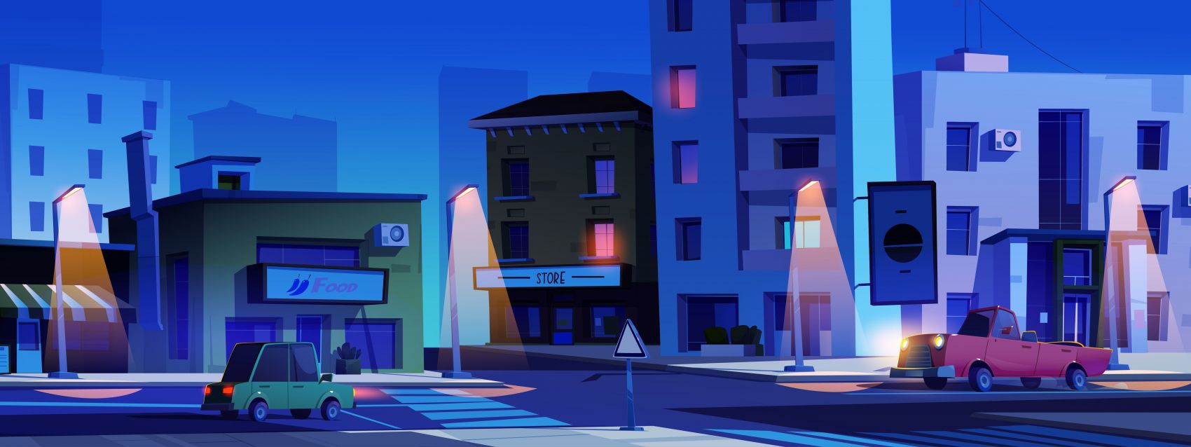 卡通城市街道交叉口夜晚场景素材图片