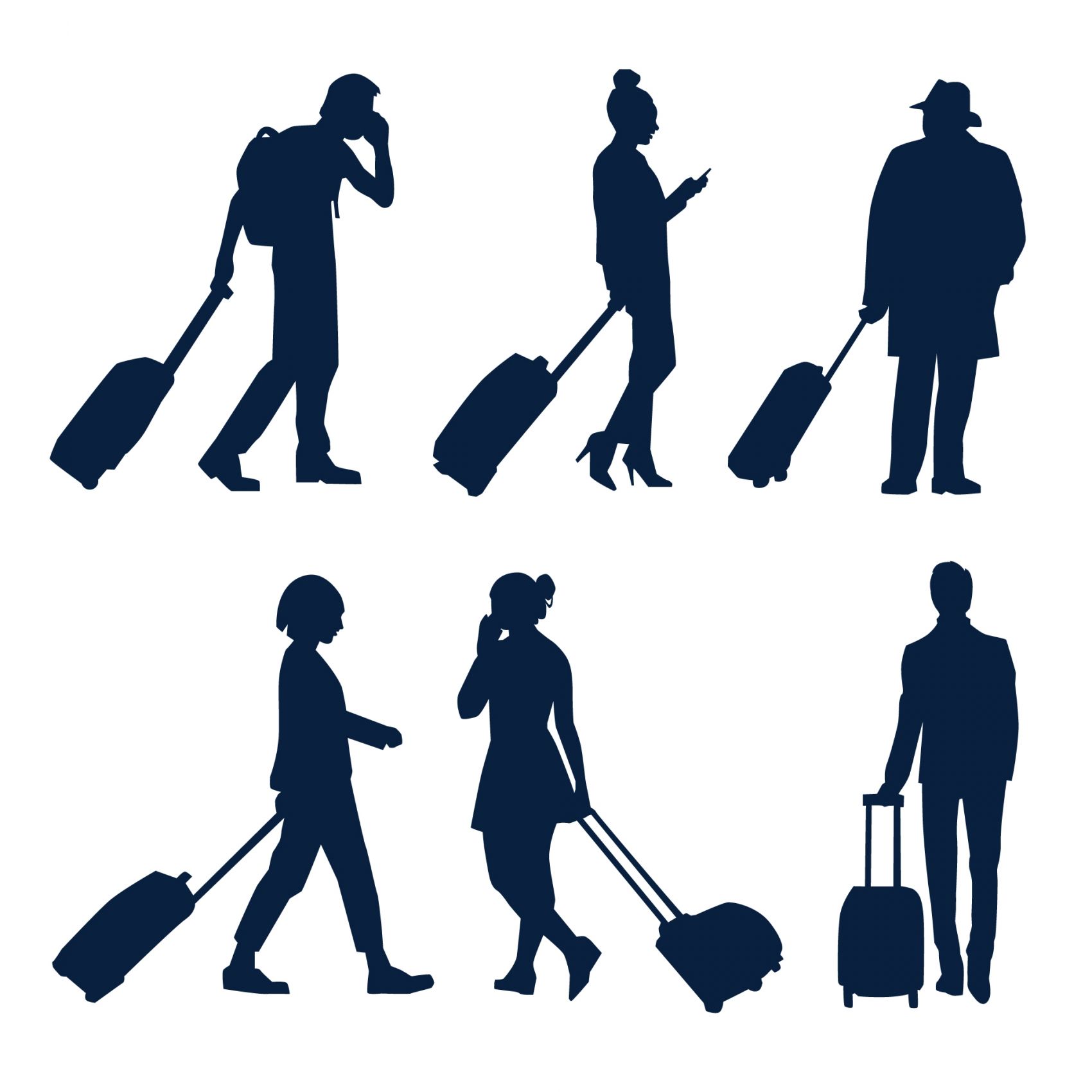 六款拖行李箱的黑色剪影素材图片