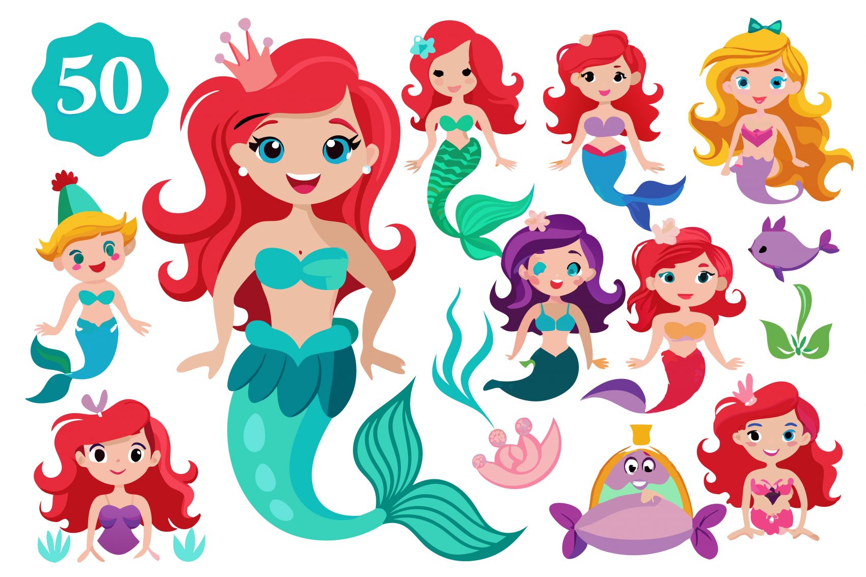 不同头发颜色的可爱卡通美人鱼皇冠素材图片
