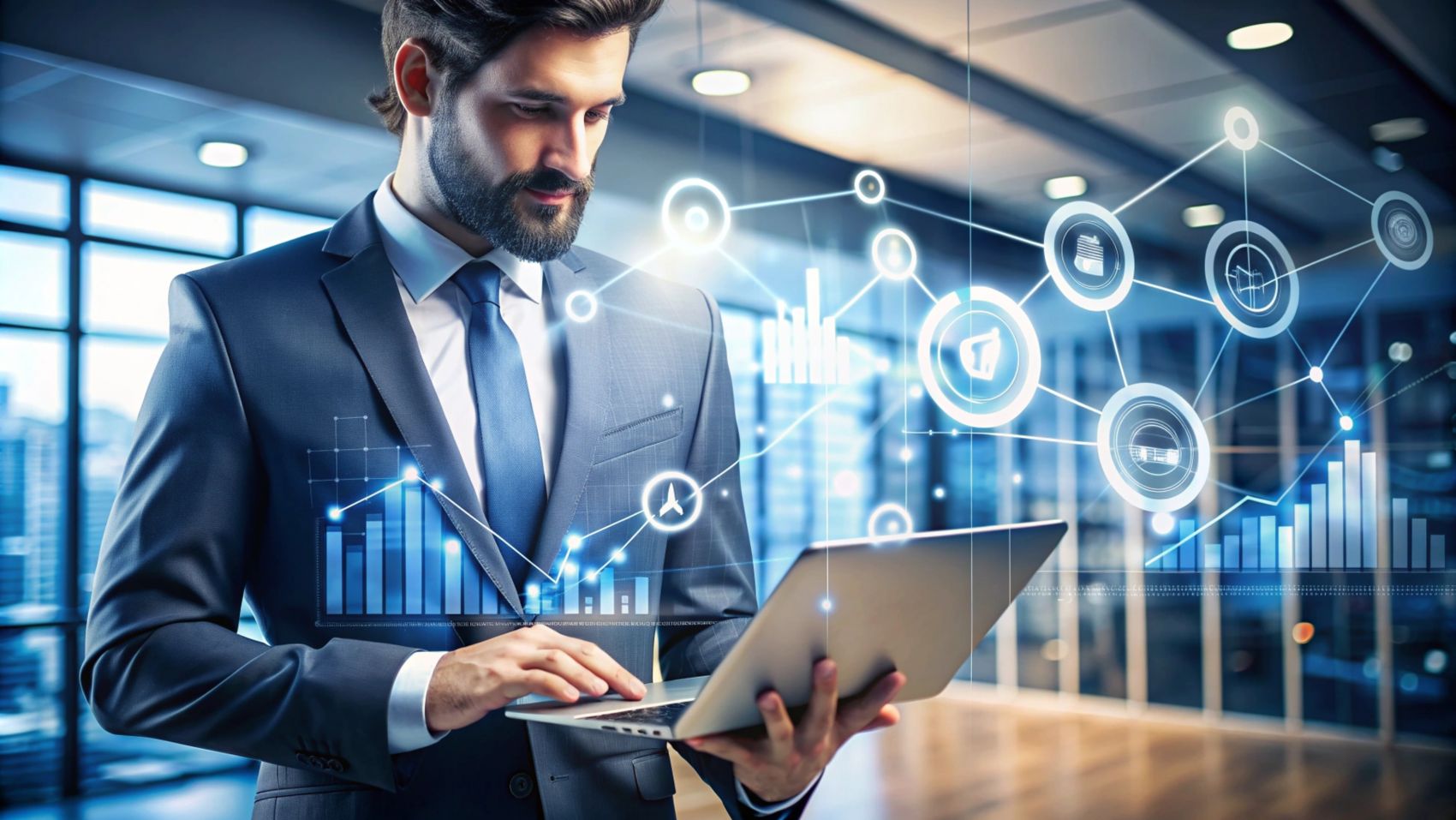 手端笔记本电脑的商务男性图片