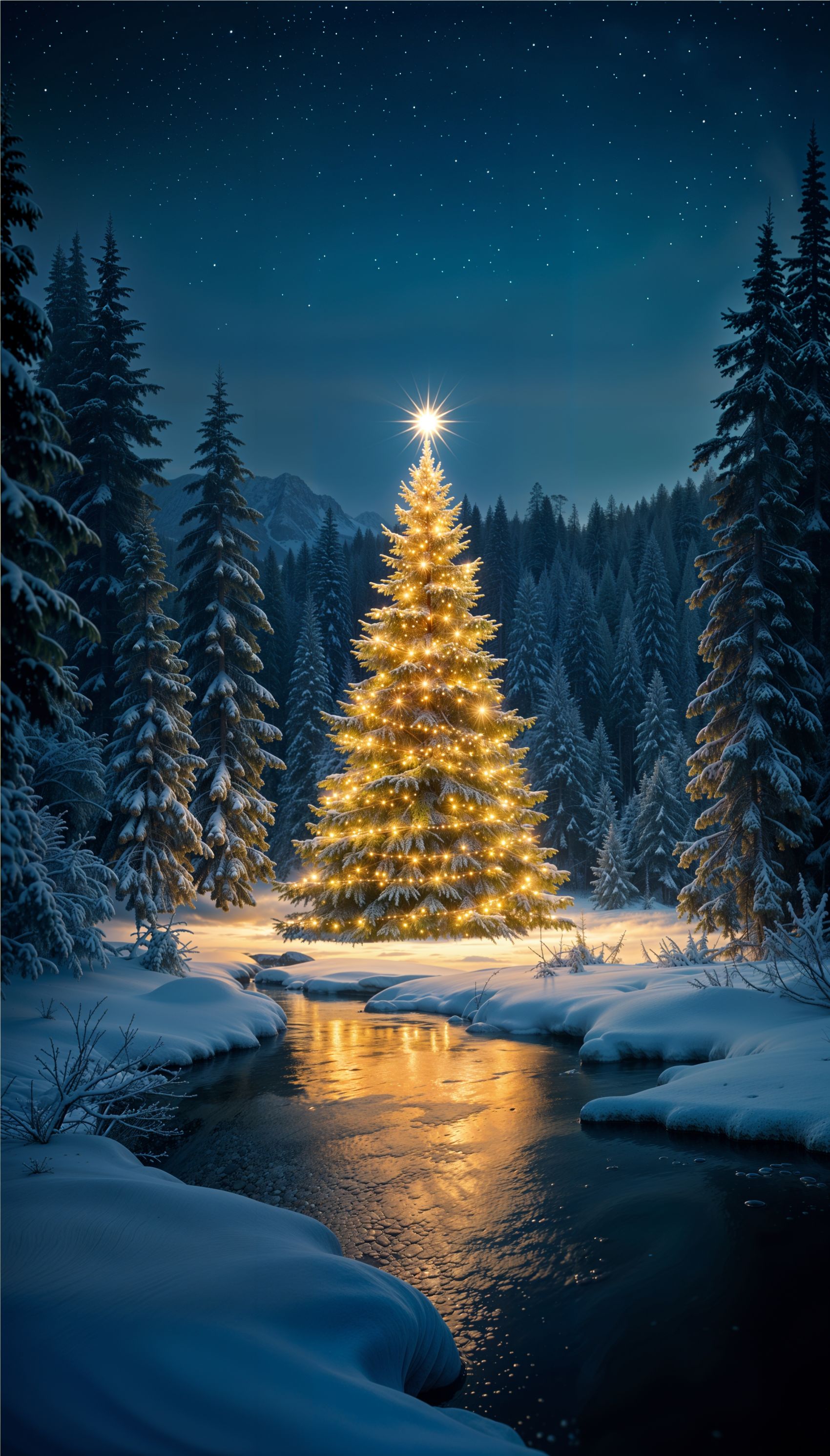 冬季河边圣诞树夜景图图片