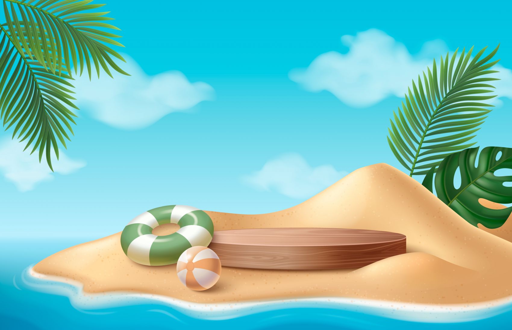 唯美蓝色3D夏日沙滩救生圈椰子树素材图片