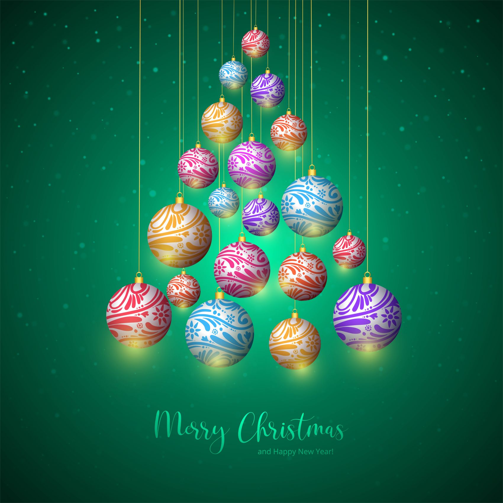 绿色悬挂彩色圣诞球卡庆祝背景素材图片