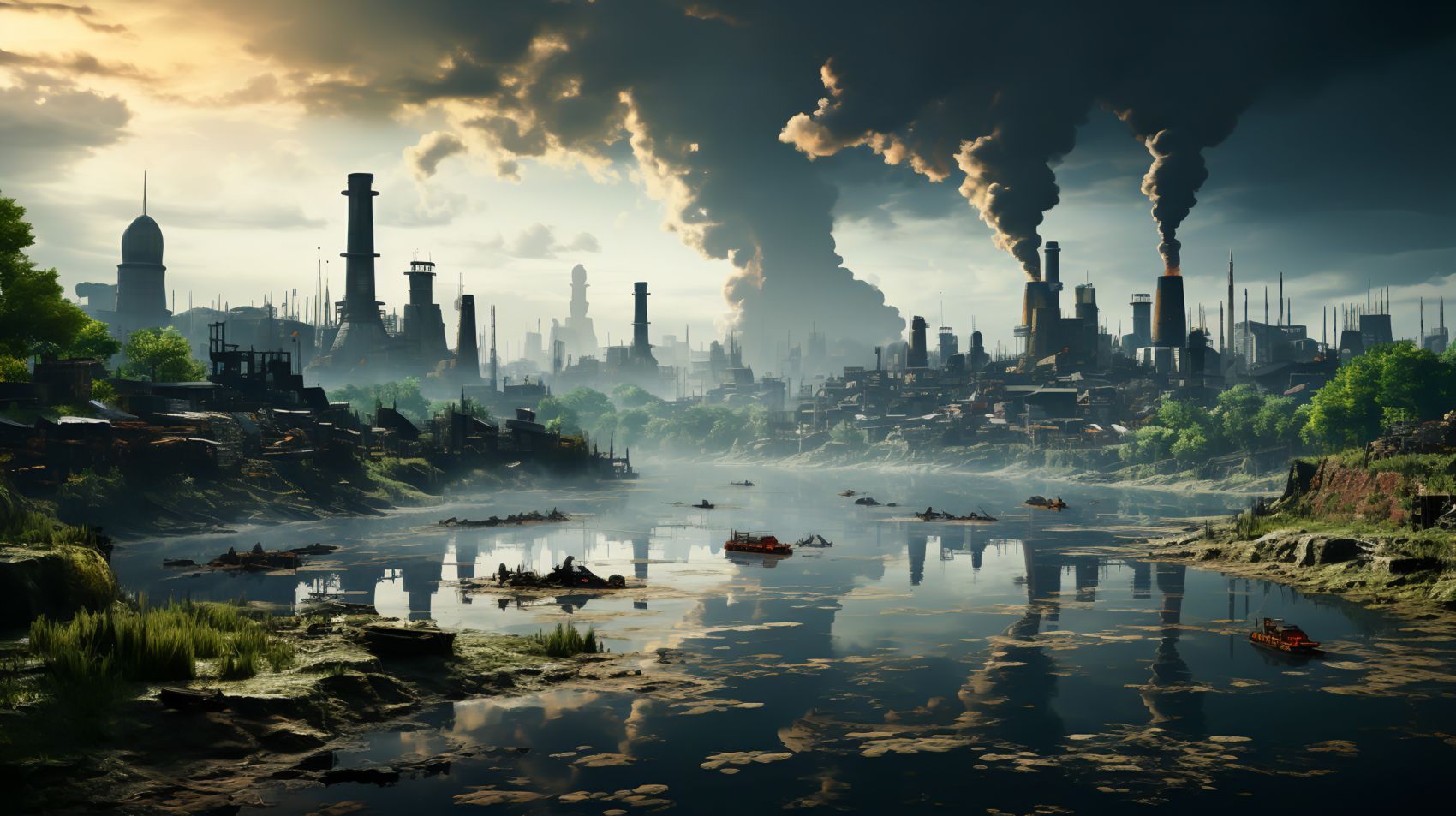 空气污染严重的工业废水城市河流图片