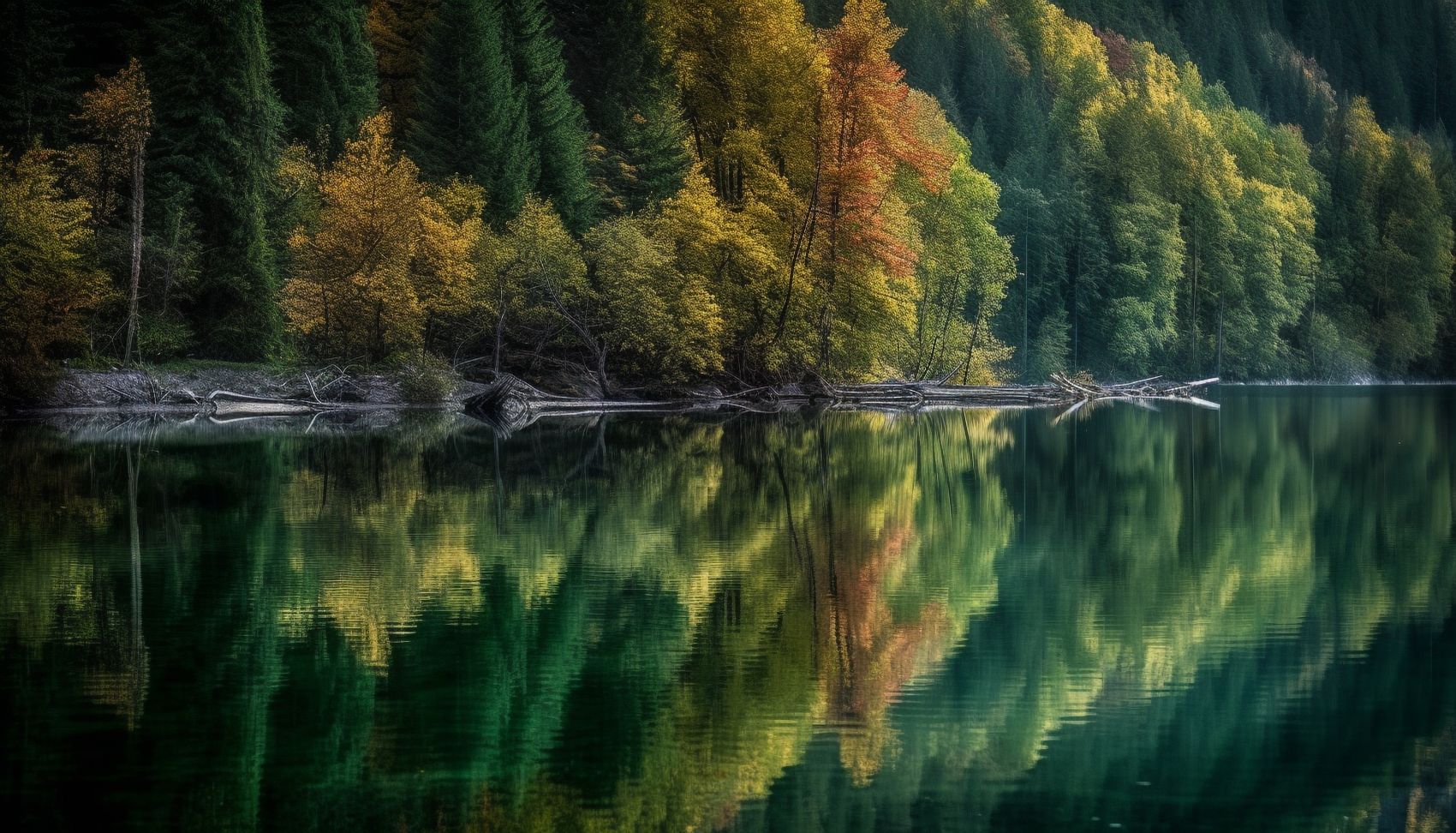 秋季森林湖倒影美景图图片