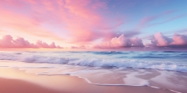 粉红色云霞下的唯美海滩风景