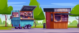 卡通咖啡户外摆摊车场景素材