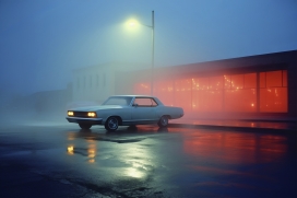 唯美路灯下的复古出租车图片