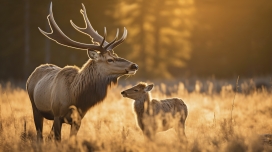 秋季荒野中的马鹿妈妈与宝宝