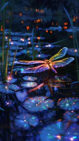 荧光彩灯下的飞行的蜻蜓