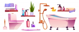 卡通手绘浴室浴缸洗浴产品马桶素材