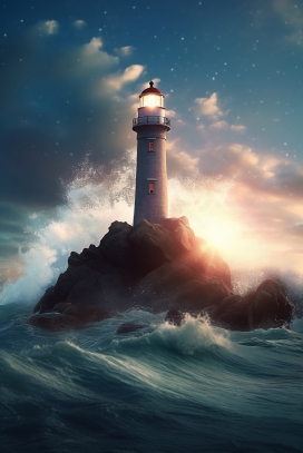 惊涛骇浪中的灯塔眺望塔