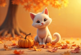 秋季唯美风景中的小白猫