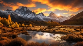 唯美雪山湖的日落