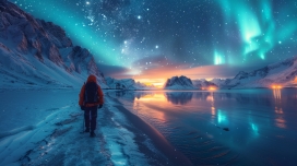 行走在北极湖泊边的科考人员