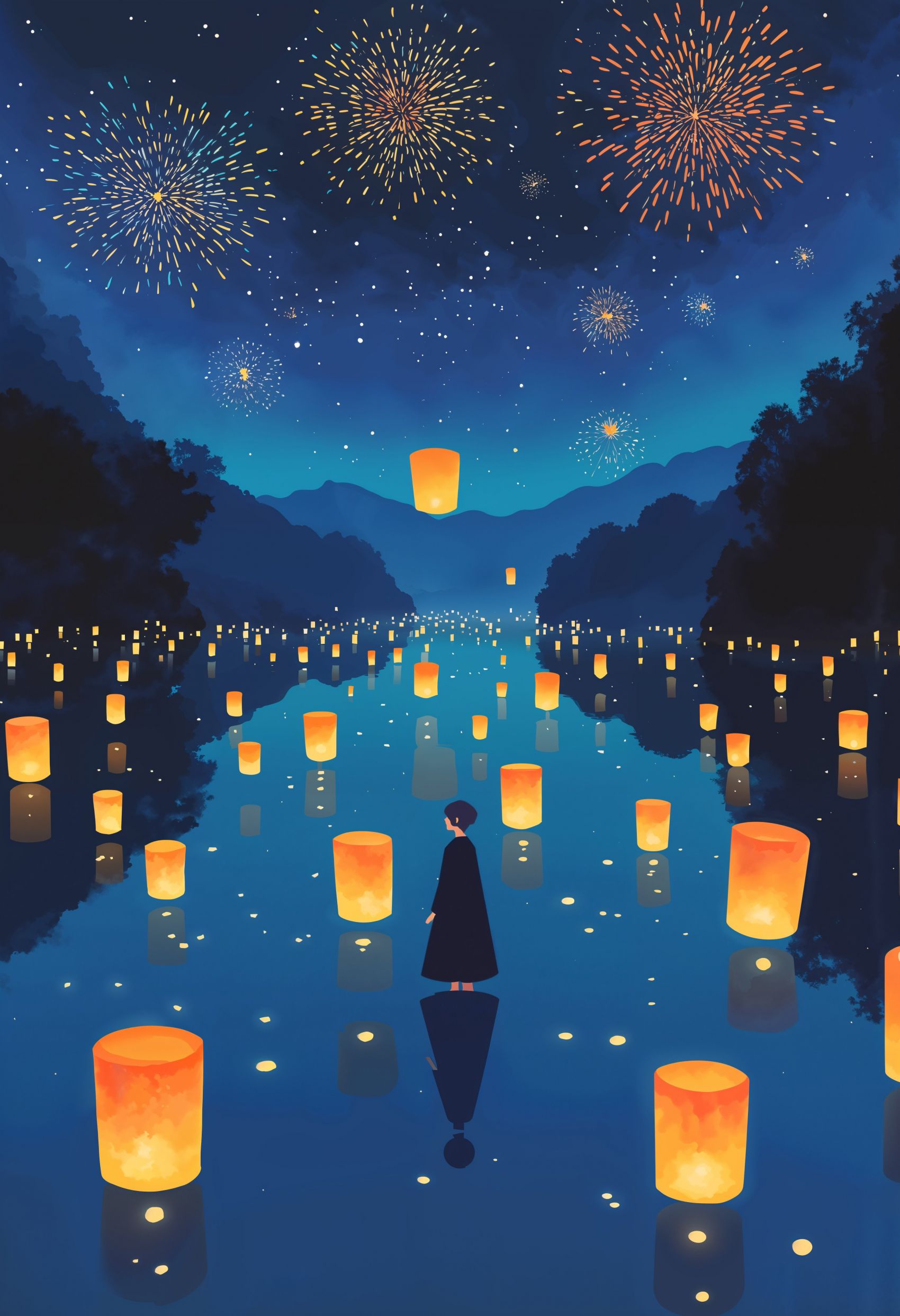 卡通孔明灯烟花美景图片