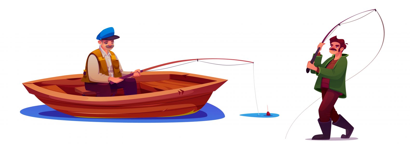 卡通木船中的垂钓者图片