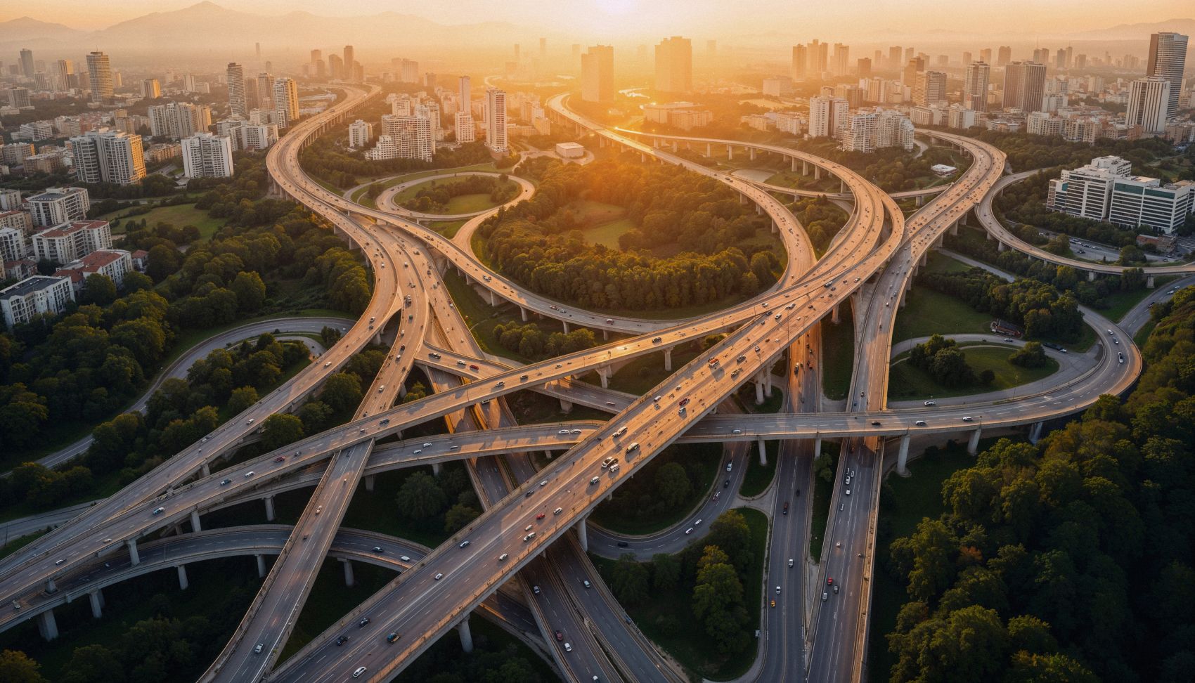 黄昏下纵横交错的立交桥图片