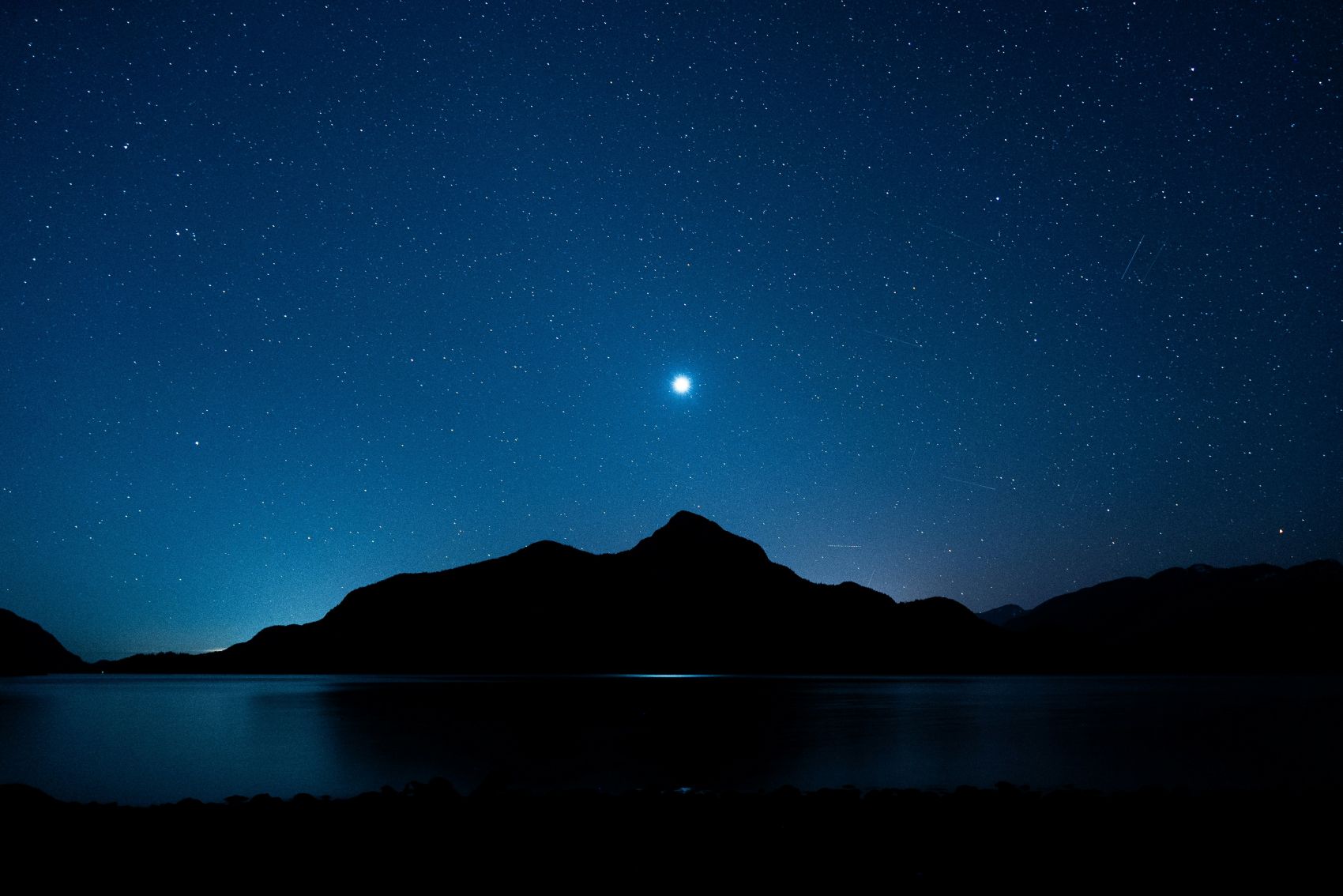 蓝色月光下的高山湖风景图片