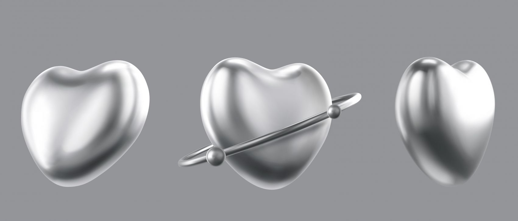 三款银白色立体爱心素材图片