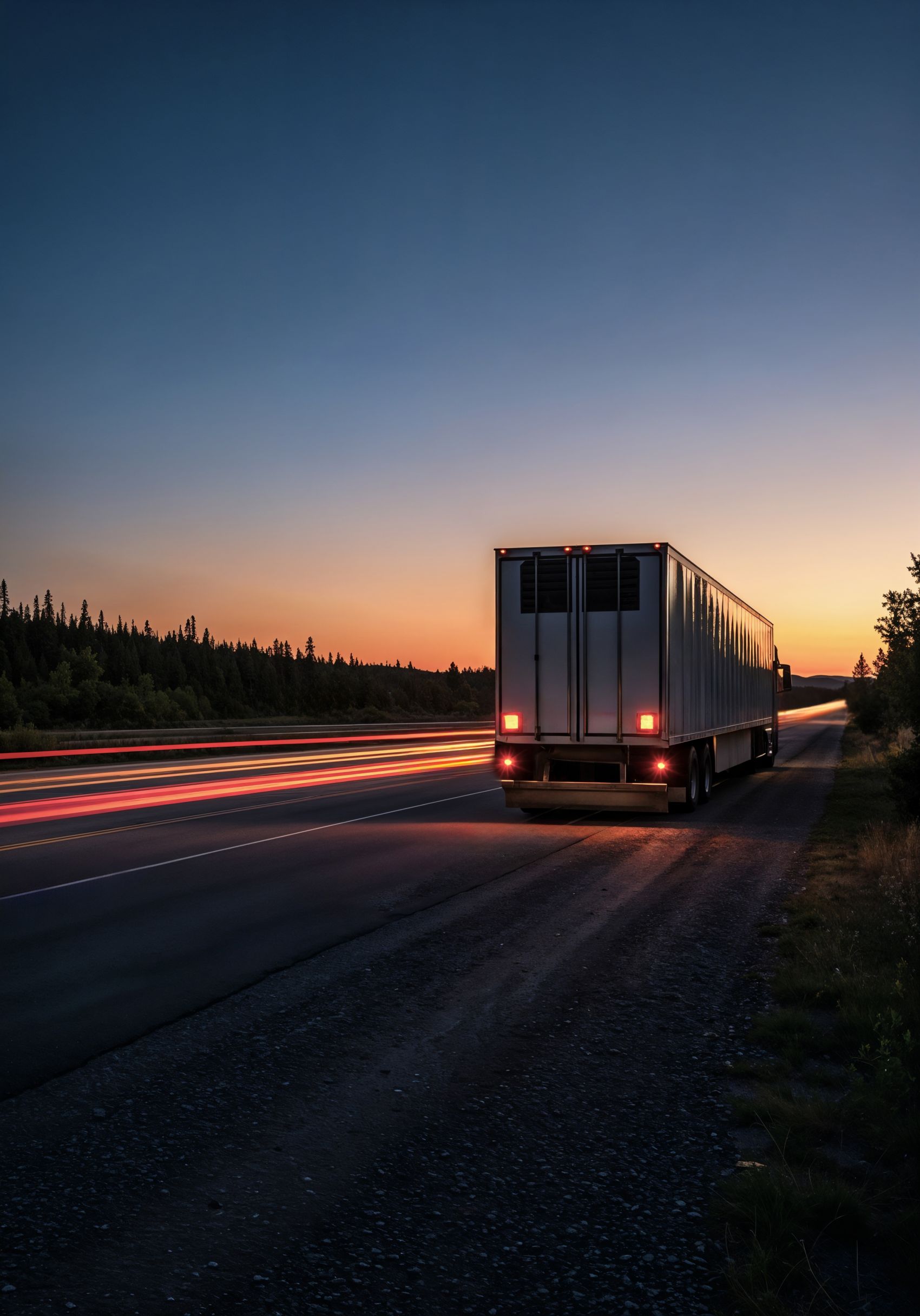 公路余晖下的货运车影图片