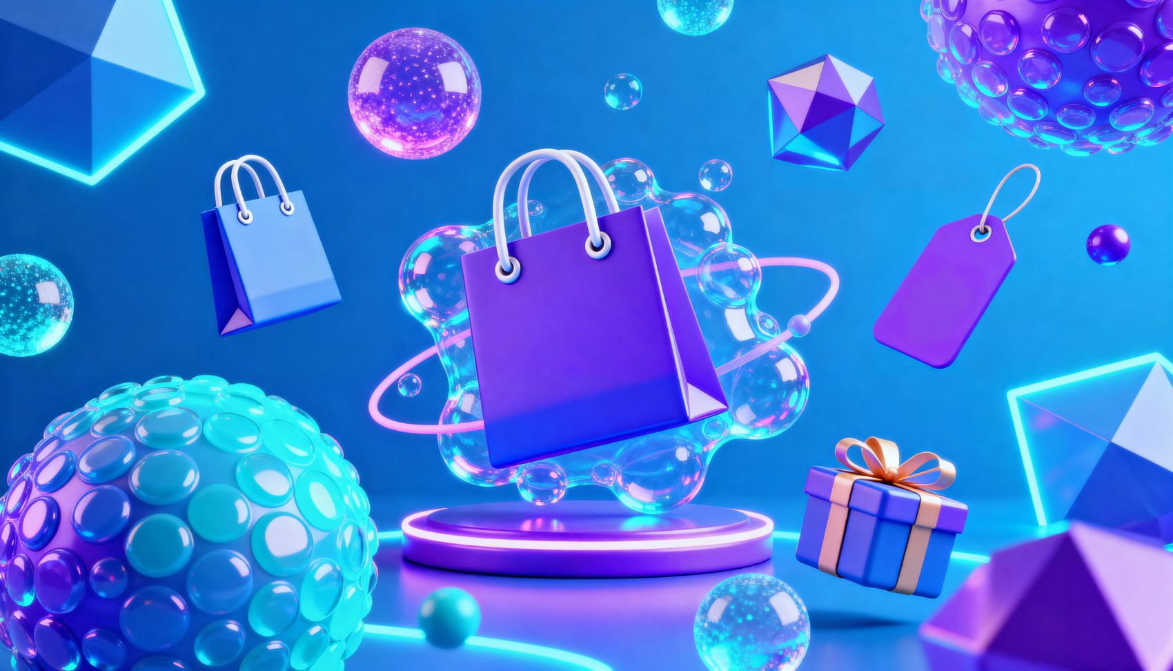 赛博朋克风购物元素:蓝紫霓虹下的立体电商装饰场图片
