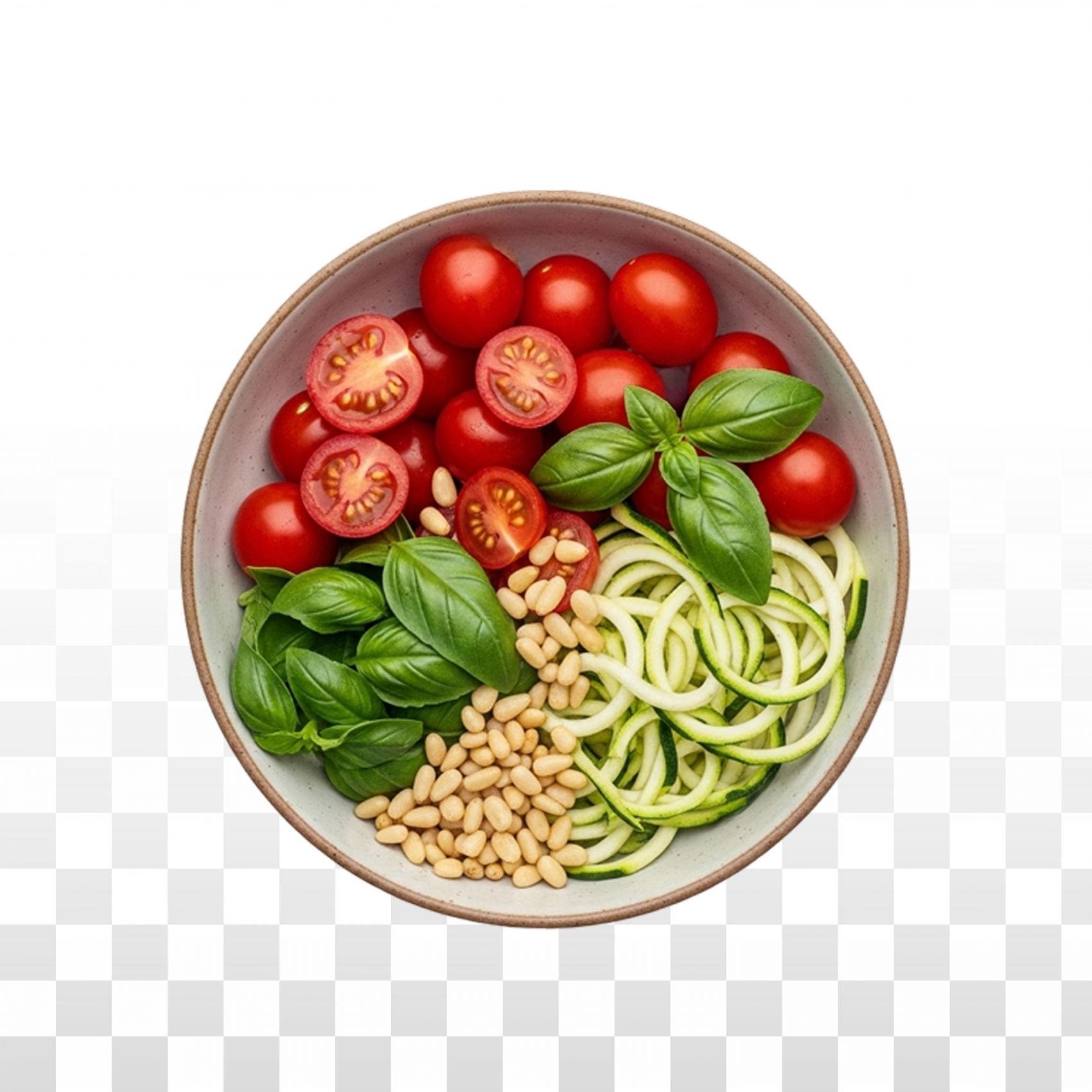 清新轻食碗特写:小番茄罗勒西葫芦意面的健康餐食摄影图片