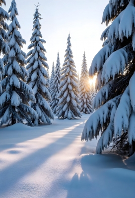 冬季唯美雪松树林