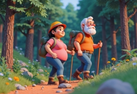 卡通登山的退休人员老人