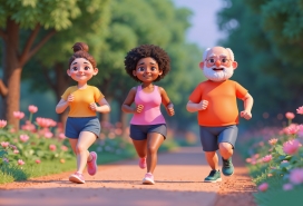 晨练跑步的卡通三人组