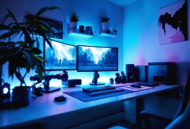 现代蓝色电脑办公桌电竞房