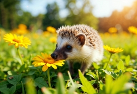 春天花丛中的小刺猬