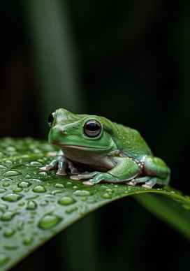 趴在雨后绿叶的绿色箭毒蛙