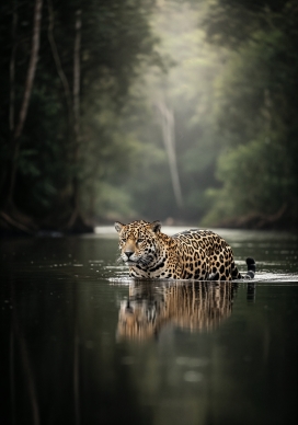 美洲豹涉水的雨林瞬间