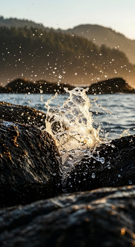海浪撞击礁石的水花瞬间