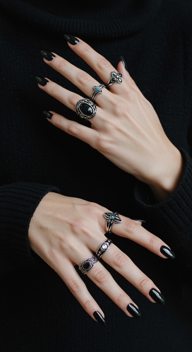 双手佩戴复古风戒指特写