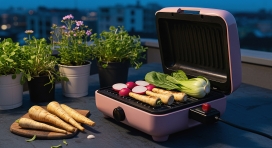 粉色电烤炉烤制蔬菜的温馨场景