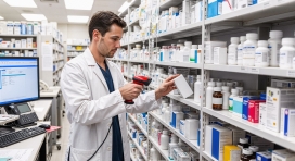 药房内工作人员扫描药品场景