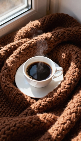 窗边咖啡配针织毯营造暖心惬意时光