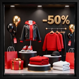 红黑潮范服饰橱窗：50% 折扣季促销陈列