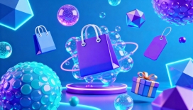 赛博朋克风购物元素：蓝紫霓虹下的立体电商装饰场