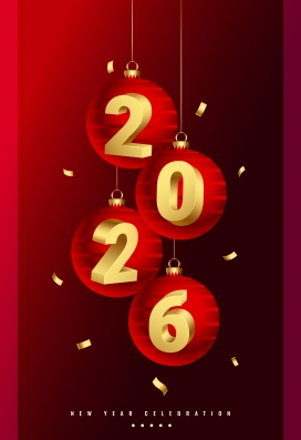 2026 红金挂饰新年设计：球形装饰与立体字的节庆视觉