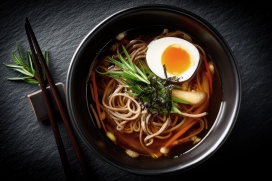 日式溏心蛋荞麦面：鲜香汤底配丰富配料的美食特写