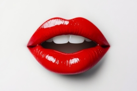 亮面红唇特写：饱和正红与光泽质感的美妆视觉设计作品