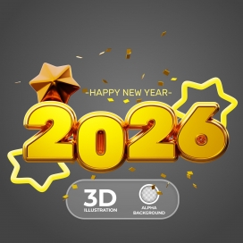 2026 鎏金 3D 新年主题插画-星光元素与立体字体的节日视觉设计