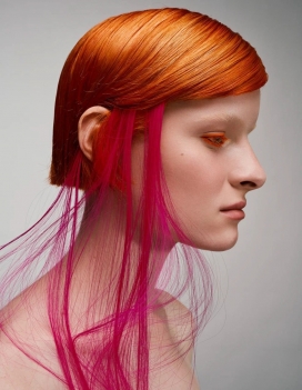 橙粉撞色创意短发：先锋时尚的美发造型视觉摄影