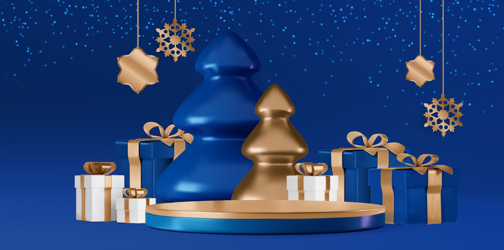 蓝金圣诞 3D 场景设计:奢华装饰元素的节日氛围视觉作品图片
