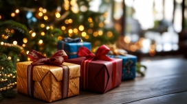 圣诞氛围礼盒特写：暖光点缀的节日包装视觉设计